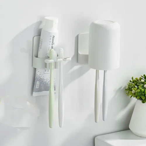 Miniatura 4 de 2 piezas de soportes para cepillo de dientes autoadhesivos montados en la pared, gancho para cepillo de dientes a prueba de agua, 3 en 1