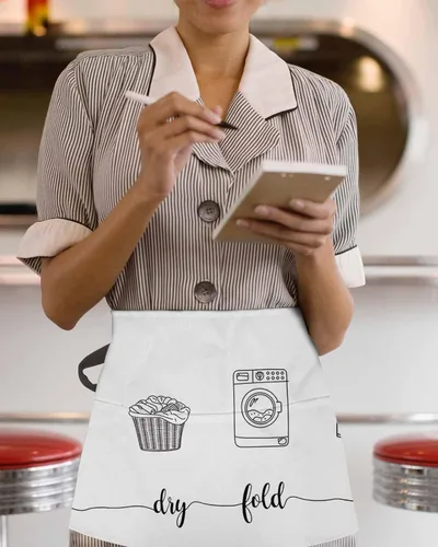 Miniatura 3 de Laundry Room Server Aprons with 3 Pockets, Cartoon Wash Dry Fold Repeat Simple Lines Art Waitress Waist Apron for Women Men Waterproof Half Aprons