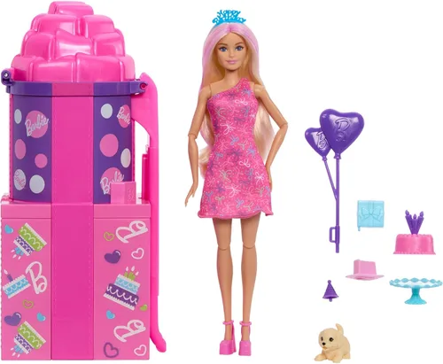 Miniatura 6 de Barbie Muñeca y accesorios Rise & Surprise, serie de cumpleaños para mascotas con 12 sorpresas, incluyendo diapositivas y actividades de cambio