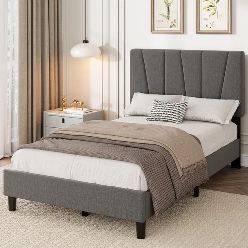 Miniatura 9 de Garvee Base de cama de tamaño individual con cabecera ajustable, base de cama tapizada de lino con listones de madera fuertes, base de colchón,