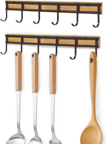 Colgador de utensilios de cocina, organizador de estante con 6 ganchos, juego de 2 colgadores de pared para utensilios, gancho de pared resistente
