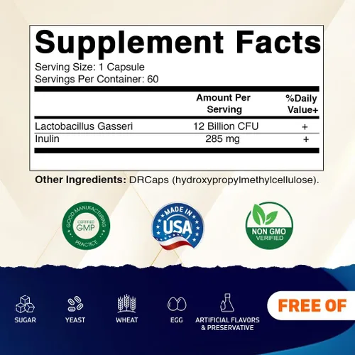 Miniatura 2 de Vitamatic Lactobacillus Gasseri - 12 mil millones por cápsula DR - 60 unidades - Soporte digestivo - Fabricado con fibra prebiótica de inulina