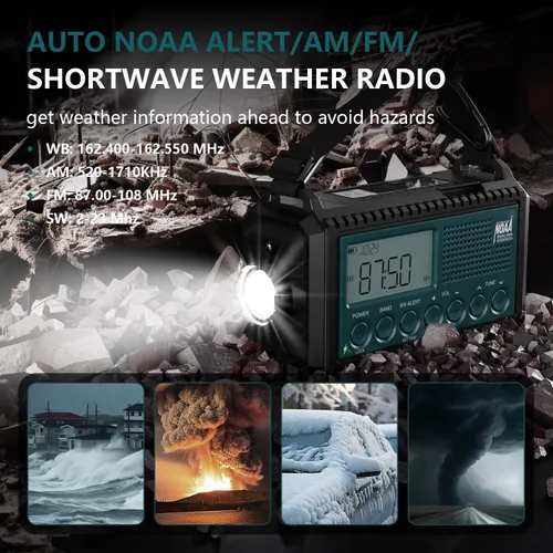 Miniatura 7 de AUTO NOAA Radio de emergencia de alerta, manivela solar portátil AM FM radio meteorológica de onda corta para supervivencia, radio a