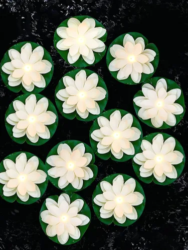 Miniatura 9 de Hortsun 9 luces flotantes de loto con pilas, almohadillas de lirio, flores de piscina, velas flotantes, decoración de plantas de estanque