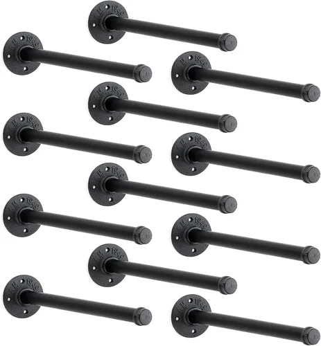 Miniatura 12 de Perchero flotante de tubo industrial negro de 6 pulgadas montado en la pared, estante de ropa resistente para colgar, barra de colgar multiuso