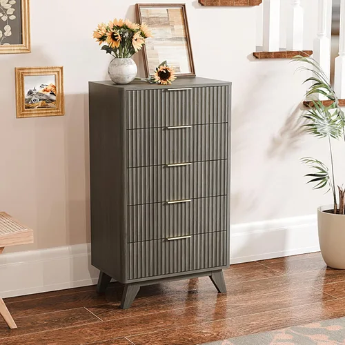 Miniatura 9 de VINGLI Cómoda alta acanalada con 5 cajones, cómoda de 23.66 pulgadas de ancho, cómoda de madera gris con bordes redondeados, aparadores grises