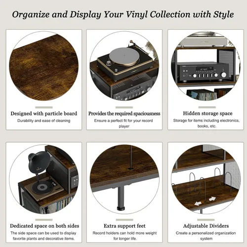 Miniatura 8 de Sonyabecca Espaciosa mesa de tocadiscos vintage – Capacidad para 150 – 250 álbumes de vinilo, divisores ajustables, áreas de visualización lateral