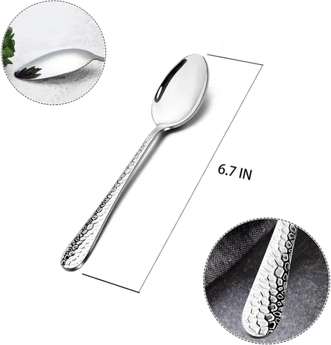 Miniatura 3 de E-far - Juego de 6 cucharaditas martilladas de acero inoxidable moderno, cubiertos de postre para el hogar, cocina, restaurante, borde redondo