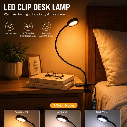 Miniatura 4 de Lámpara de escritorio USB con clip con 3 modos de color, brillo ajustable, cuello de cisne, temporizador de 1 minuto, luz de libro para leer libro