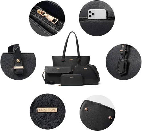 Miniatura 83 de Juego de 4 bolsas modernos para mujer de cuero sintético: bolso tote, bolso de hombro, bolso de mano y cartera.