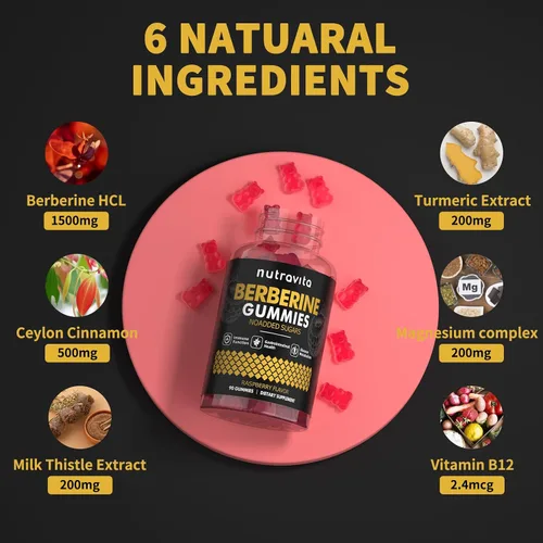 Miniatura 6 de Nutravita Gomitas de berberina con canela de Ceilán, 1500 mg de berberina de alta potencia, suplemento para apoyo inmunológico y metabolismo