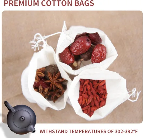 Miniatura 6 de YICHEN 50 bolsas de especias vacías para cocinar sopa, bolsas de filtro de té pequeñas blancas con cordón, material de algodón, bolsas de muselina