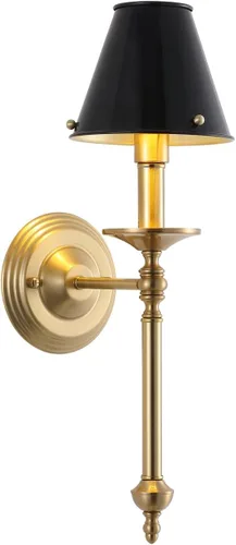 Aplique de pared moderno industrial de mediados de siglo para baño, luz de tocador de latón cepillado con marco acabado y pantalla de metal negro,