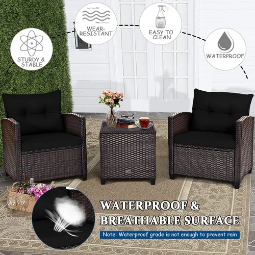 Miniatura 9 de Tangkula Juego de muebles de patio de 3 piezas, mimbre de ratán de polietileno, juego de sofá de 3 piezas para exteriores con cojín lavable y mesa