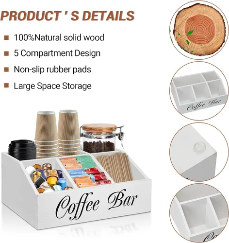Miniatura 5 de ugiftt Organizador de estación de café para mostrador, cesta de almacenamiento de cápsulas de café de madera, organizador de almacenamiento