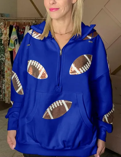 Miniatura 29 de SeekMe Sudaderas con capucha de lentejuelas para mujer, para el día del partido, suéteres de manga larga con cremallera y bolsillo