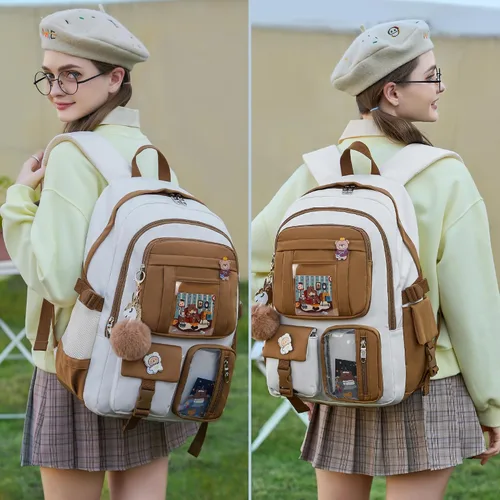 Miniatura 6 de Mochila para niñas con accesorios, bolsas para portátiles de 16 pulgadas, mochila escolar kawaii, mochila de viaje universitaria para adolescentes