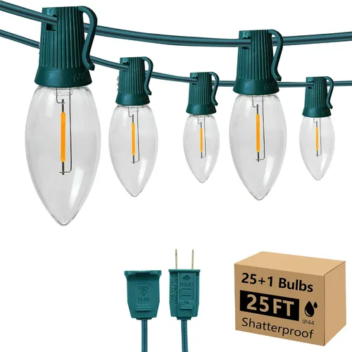 Miniatura 9 de C9 Luces de Cadena de Navidad, 25 pies 26 Bombillas Brillantes y Multicolores para Exteriores, Luces de Navidad para Techo, Patio, Jardín