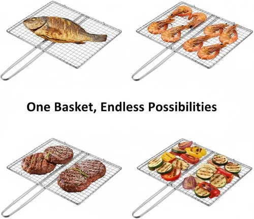 Miniatura 4 de Yardwe Cesta de parrilla para barbacoa al aire libre, estante de acero inoxidable para verduras, camarones y carne, soporte portátil de malla