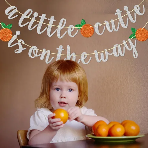 Miniatura 5 de Cartel con texto en inglés "A Little Cutie Is On The Way", pancarta de cítricos, cumpleaños temático naranja, decoración de fiesta de cumpleaños
