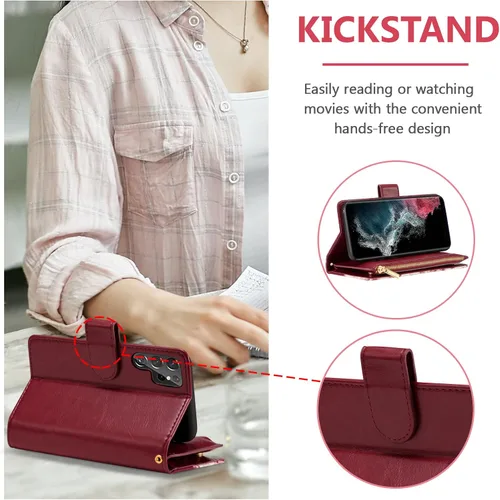 Miniatura 3 de UEEBAI Funda tipo cartera para Samsung Galaxy S22 Ultra 5G, piel sintética con cierre magnético, bolsillo con cremallera, ranuras para tarjetas