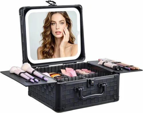 Miniatura 9 de Faquenc Estuche de maquillaje con espejo iluminado magnético, caja organizadora de maquillaje, estuche de cosméticos de viaje con espejo LED de 3