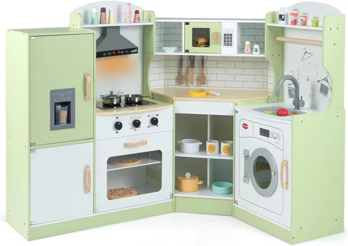 Miniatura 10 de HONEY JOY Juego de cocina esquinera para niños, cocina de madera definitiva para niños pequeños, lavadora, máquina de hielo, fregadero, microondas