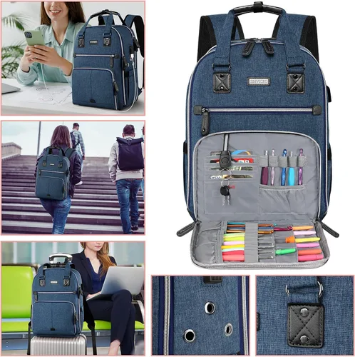 Miniatura 7 de SINVICKO Bolsa de ganchillo, mochila de tejido y organizador de bolsas con puerto de carga USB, bolsa grande de almacenamiento de hilo Azul