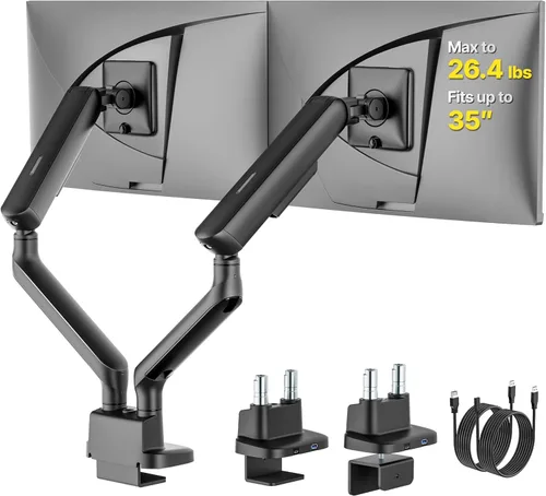 Miniatura 10 de monTEK Brazo de monitor dual con resorte mecánico para pantallas de 17 a 35 pulgadas, aluminio de grado aeroespacial, abrazadera en C y soporte