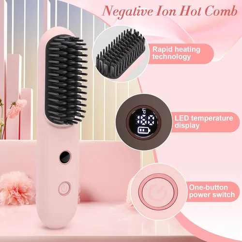 Miniatura 3 de Cepillo alisador de pelo inalámbrico, 2 en 1, portátil, recargable, alisador de pelo, para viajes, mini cepillo eléctrico negativo de calor rápido