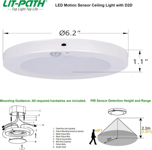Miniatura 4 de LIT-PaTH Lámpara LED de techo empotrada, accesorio de iluminación de armario con sensor de movimiento y del atardecer al amanecer, 10.5 W, 800