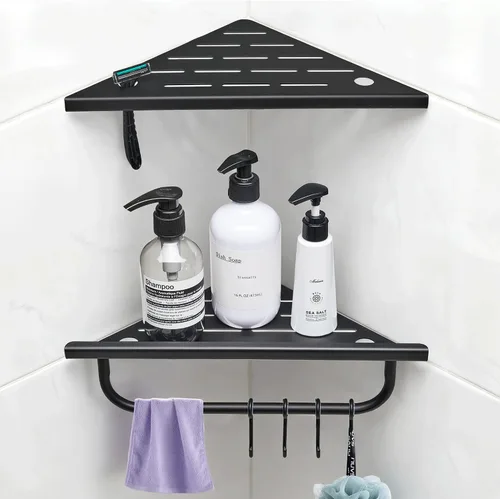 Miniatura 8 de Estante esquinero para ducha, estante esquinero de ducha de 10 pulgadas con toallero y ganchos, paquete de 2 estantes de baño empotrados de acero