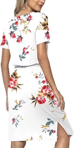Miniatura 5 de JeashCHAT Womens Summer Mini Dresses Floral Printed Short Sleeve Sundress Casual Beach Dresses with Pockets