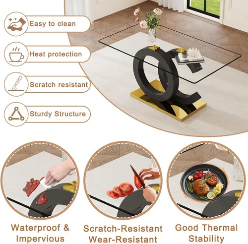 Miniatura 3 de Juego de mesa de comedor de cristal de 63 pulgadas para 6, juego de mesa de comedor moderno para 6, mesa de vidrio templado con patas negras