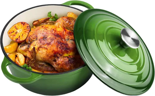 Miniatura 20 de Horno holandés de hierro fundido esmaltado de 6 cuartos de galón con tapa, asas dobles grandes, apto para horno hasta 500 °F, olla redonda clásica