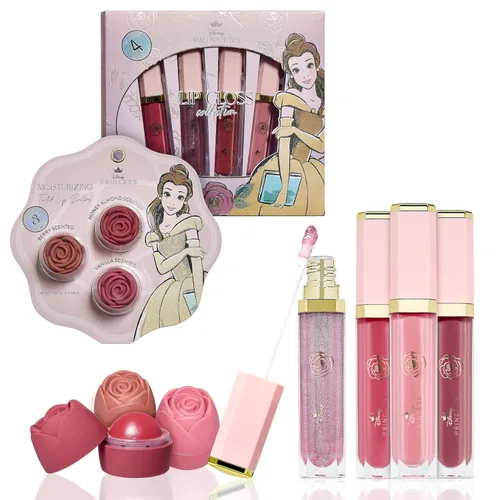 Disney Belle Maison - Juego de maquillaje cosmético, colección esencial de maquillaje, Princess Belle Beauty and the Beast - Incluye 3 bálsamos