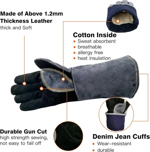 Miniatura 4 de WZQH 16 pulgadas, 932 ℉, guantes de soldadura de forja de cuero, resistentes al calor/fuego, guantes para barbacoa, horno, parrilla, chimenea, tig
