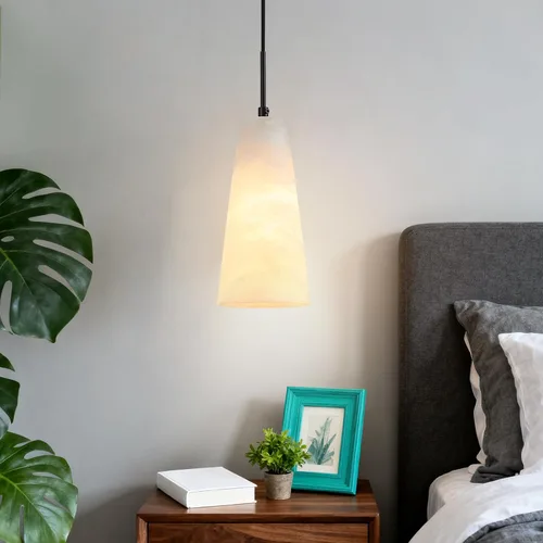 Miniatura 4 de Luces colgantes de alabastro natural, isla de cocina, pantalla cónica de mármol blanco, modernas lámparas de techo negras para mesa de comedor, sala