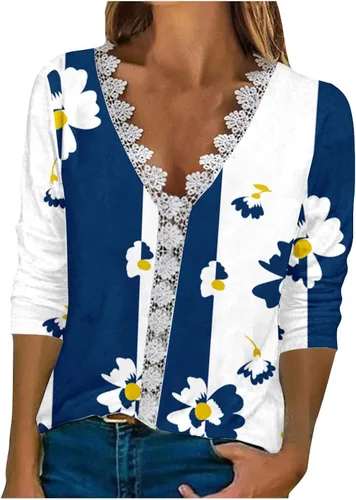 Floral 34 Sleeve Tops for Womens 2023 Trendy V-Neck Crochet Lace Trim Tshirts Casual Loose Fit Pullover Dressy Blouse