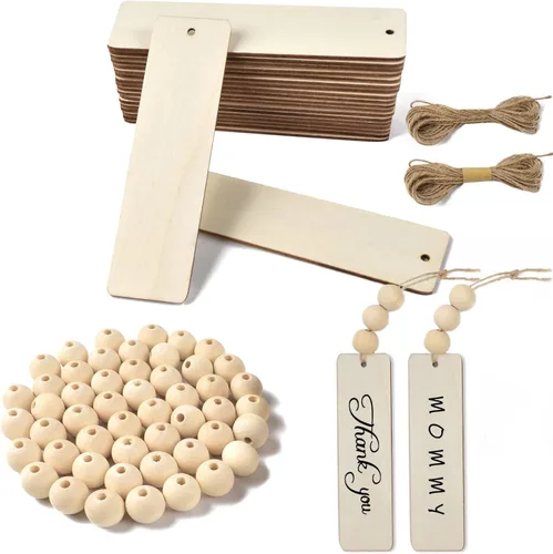 20 etiquetas de madera y 50 cuentas de manualidades para colgar en blanco de madera, adornos con cuerdas, decoración de Navidad, boda, fiesta de