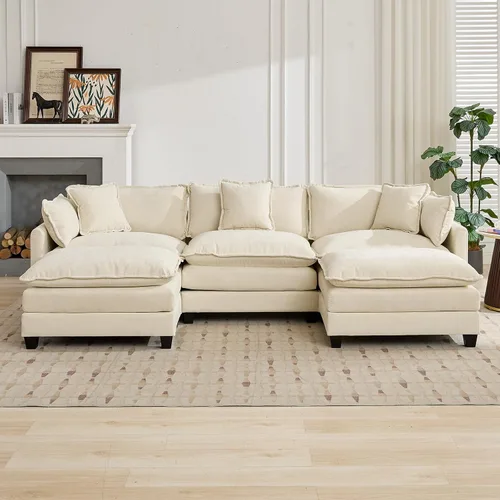 Miniatura 3 de Sofá seccional modular beige de 111.5", sofás seccionales grandes de 3 plazas para sala de estar, tela de chenilla marfil blanquecino, sofá nube