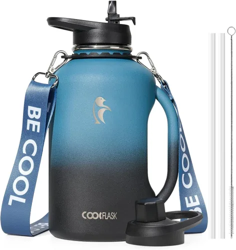 Miniatura 15 de Coolflask - Botella de agua aislada de 64 onzas, jarra de agua de medio galón con asa, popote de acero inoxidable, doble pared, de metal al vacío