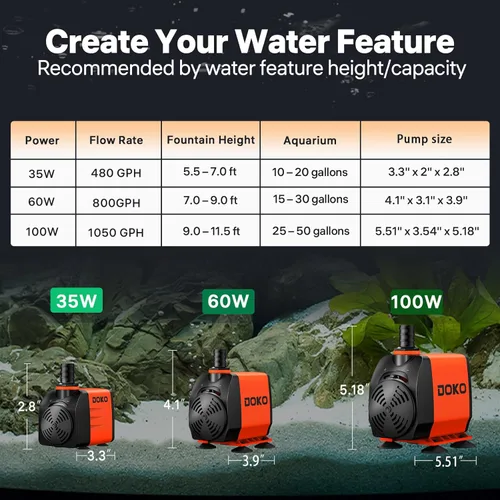 Miniatura 7 de DOKO Bomba de agua sumergible de 480 GPH, bomba de agua de fuente con cable de alimentación de 6 pies y 3 boquillas, 35 W, bombas de estanque ultra