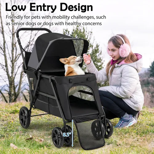 Miniatura 3 de Giantex Cochecito para perros con entrada baja y acceso a rampa, cochecito para gatos con ruedas todo terreno bloqueables y que absorben los golpes