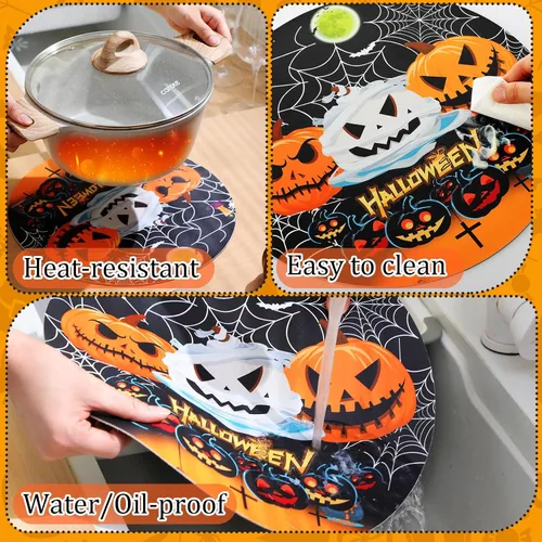 Miniatura 4 de Juego de 6 manteles individuales redondos de calabaza de Halloween, lavables, de piel de calabaza, juego de 6 manteles individuales para fiesta
