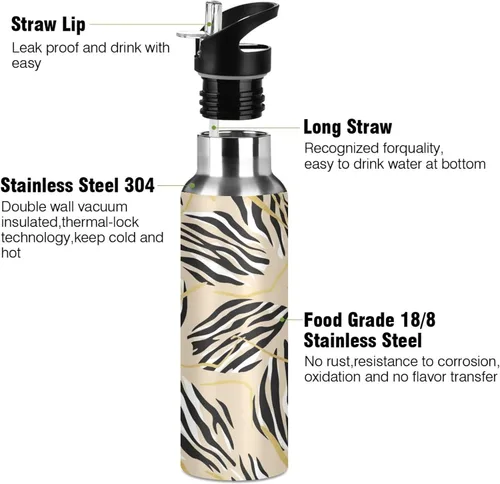 Miniatura 3 de Zebra Stripes Beige Insulated Stainless Steel Water Bottle with Straw 32 Oz Leakproof Water Bottles, BPA-Free Sports Water Bottle