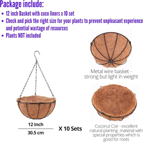 Miniatura 2 de LaLaGreen Macetas Colgantes con Forros de Coco (Paquete de 10, 12 Pulgadas) Cestas Colgantes para Plantas de Exterior Maceta Colgante para Plantas