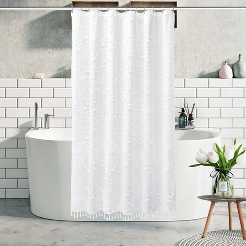Miniatura 19 de Siiluminisoy Cortina de ducha bohemia rosa con textura y borlas de 72 x 72 pulgadas con tul, cortina de ducha de chenilla tejida con rayas chevrón