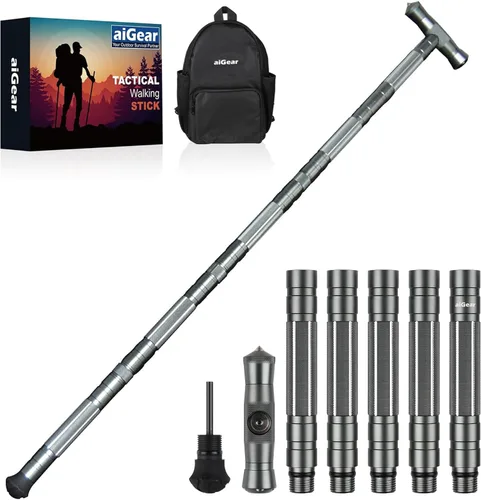 aiGear G2 Tactical Hiking Stick, 5-Section Heavy Duty Walking Staff for Men Women, Aerospace-Grade Aluminum Alloy Trekking Poles with Integrated