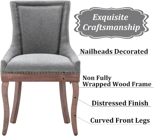 Miniatura 4 de Aoowow Juego de 2 sillas laterales tapizadas vintage de tela, sillas de madera maciza para cocina, comedor con cabezas de clavo, patas de madera